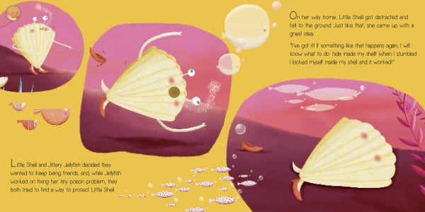 Cheerful Little Shell with eyes, arms, and legs tumbles through water with Jittery Jellyfish and friends. Ideal for Schiffer Publishing, Ltd.'s augmented reality children's book "Little Shell and Jittery Jellyfish." Text is on the right side.