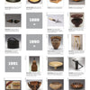 A grid of 20 images from "Turning to Art in Wood" by Schiffer Publishing, Ltd. displays unique wood objects and furniture labeled with artists’ names and dates; some squares show gray boxes with years 1989, 1990, or 1991 in bold white text.
