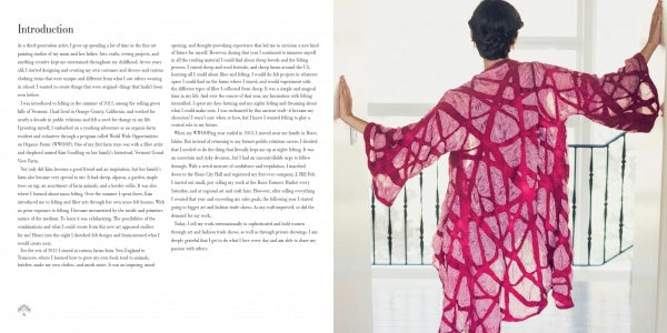 A person with short dark hair, seen from behind in a flowing pink and red garment, stands by an open window. On the left is a page titled "Introduction" from "Artisan Felting" by Schiffer Publishing, Ltd.