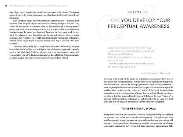 A book page from "Perceptual Hypnosis" by Schiffer Publishing, Ltd. features CHAPTER ONE: HOW YOU DEVELOP YOUR PERCEPTUAL AWARENESS, a poem by Dr. Christopher Woodard, and text on perceptual awareness, psycho-hypnotherapy, and worldview.