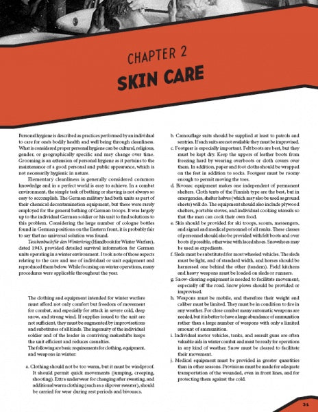 A magazine page from "Ruhetag, The Day to Day Life of the German Soldier in WWII" by Schiffer Publishing, Ltd. features Chapter 2: Skin Care, with two columns under an orange header discussing health and hygiene, no images present.