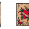Two Italian Tattoo Flash sheets from Schiffer Publishing, Ltd.: one with a vibrant bird, green snake, and flowers; the other with hearts, banners, flowers, and hands—classic Milan tattoo art.