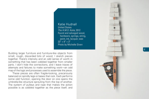 Your Personal Hang-ups" by Schiffer Publishing, Ltd. is a wall-mounted mixed-media sculpture resembling a fragmented sailboat with white rectangular sails, wood, and metal, echoing a deconstructed coat rack and featuring text on the artist's process.