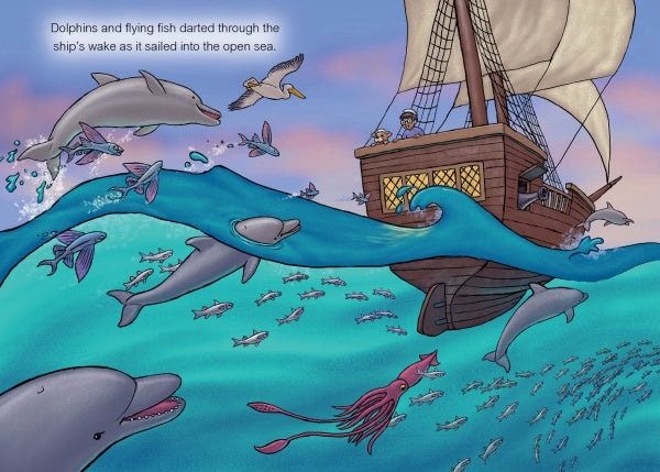 Cover art for "The Bossy Pirate" by Schiffer Publishing, Ltd. shows a sailing ship with dolphins, flying fish, and a pelican nearby; underwater swim more dolphins, fish, and a squid as two people watch from the deck in this playful children's book about cooperation.