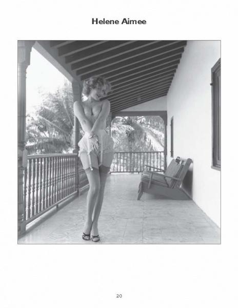 A black and white 1950s-style photo from "Femmes Fatales of the 1950s" by Schiffer Publishing, Ltd. shows a woman in lingerie and sandals posing on a columned balcony with crossed legs, as palm trees and a bench appear in the background.