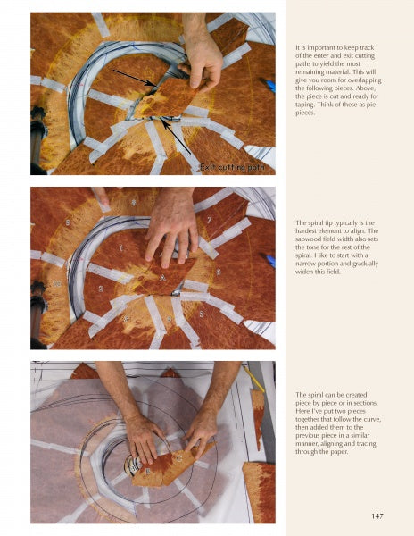Three photos from Schiffer Publishing, Ltd.'s "Advanced Veneering and Alternative Techniques" show hands assembling brown veneer triangles in a spiral design, alongside woodworking guide steps for aligning and gluing using advanced veneer techniques.