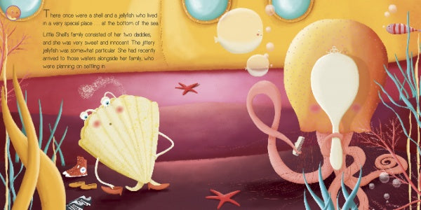 In "Little Shell and Jittery Jellyfish" by Schiffer Publishing, Ltd., a yellow shell and its jellyfish friend chat among coral, starfish, and seaweed in a pastel underwater scene. Text reveals Shell’s family life beneath the sea.