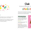 A spread from Schiffer Publishing's Little Box of Emotions shows vibrant hearts and flowers beside a cartoon dog, introducing kids to emotional tools like memory drawer exercises and self-awareness cards.