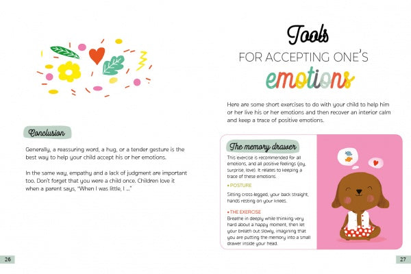 A spread from Schiffer Publishing's Little Box of Emotions shows vibrant hearts and flowers beside a cartoon dog, introducing kids to emotional tools like memory drawer exercises and self-awareness cards.