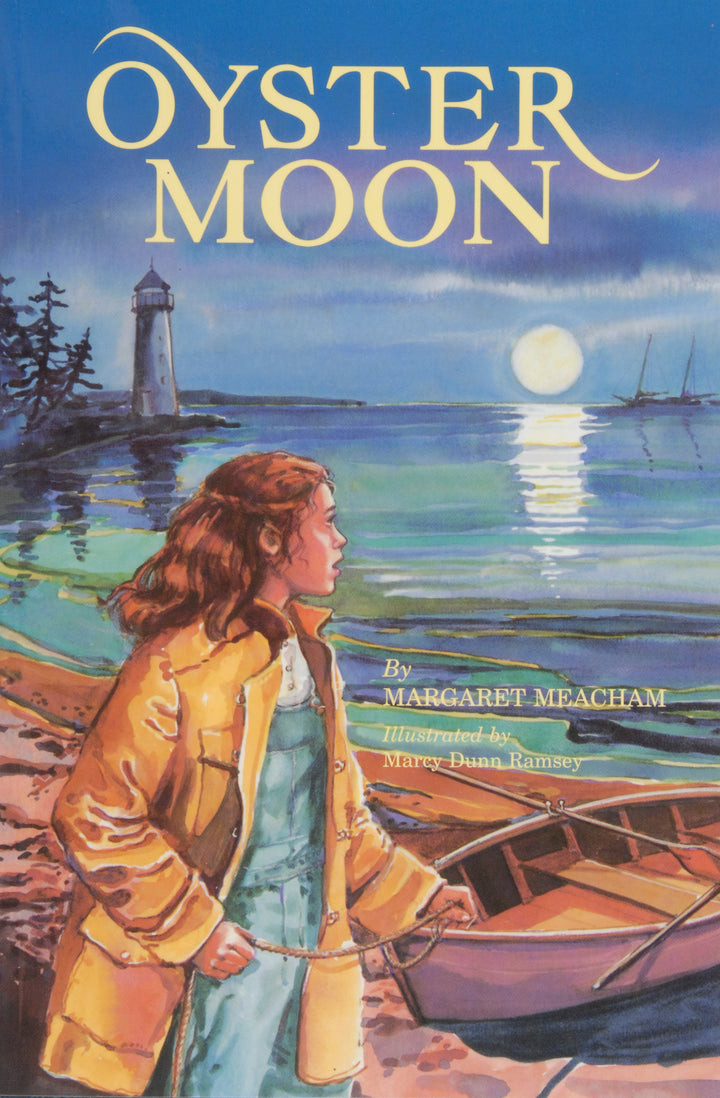 Illustrated cover of "Oyster Moon" by Schiffer Publishing shows a girl in a yellow coat by a boat on Maryland’s Eastern Shore at dusk, with a lighthouse, trees, and full moon reflected on the water.