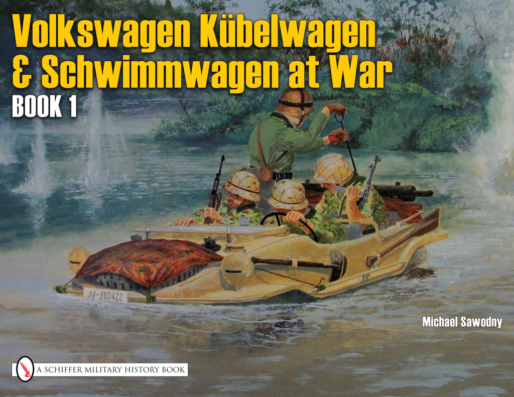 Cover of the book "VW At War" by Schiffer Publishing, featuring an illustration of soldiers in a camouflaged WWII German vehicle on water.