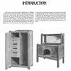 A black-and-white page from "Mission Furniture" by Schiffer Publishing, Ltd. shows the INTRODUCTION heading, images of a wardrobe with open doors (left), a desk with hutch and mirror (right), and explanatory text above and between them.