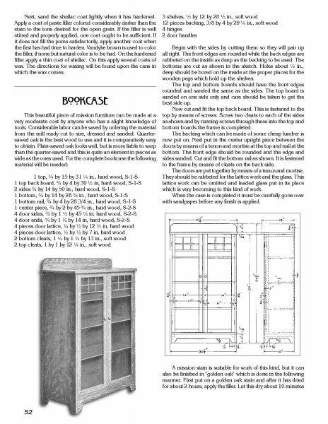 A black-and-white magazine page from Schiffer Publishing, Ltd.'s "Mission Furniture" shows a photo of the finished cabinet, annotated diagrams, and text detailing materials, cutting plans, and assembly steps for Arts and Crafts furniture enthusiasts.