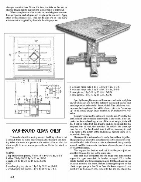 A black-and-white magazine page from "Mission Furniture" by Schiffer Publishing, Ltd., featuring 3D drawings, top and side views, assembly instructions, and a guide to crafting an oak-bound cedar chest in the Arts and Crafts style.