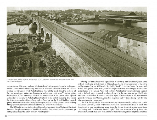 Black-and-white photo of the Chestnut Street Bridge, Philadelphia, 1873, with trains and boats; below is historical text from "Historic Architecture in West Philadelphia, 1789-1930s" by Schiffer Publishing, Ltd.