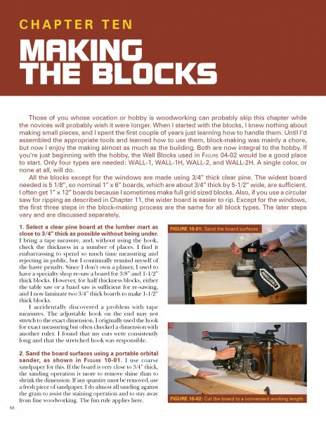 A page from "Make Your Own Building Blocks and Build A City" by Schiffer Publishing, Ltd. features block instructions, a table saw, a man measuring wood, and labeled images detailing board prep steps for stacking toy blocks.