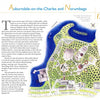 The Charles River" by Schiffer Publishing, Ltd. is an illustrated map of Auburndale-on-the-Charles and Norumbega, showing the river, gardens, paths, buildings, boat dock, and historic landmarks with blue and yellow highlights plus historical notes.