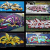 A collage of six vibrant UK street art murals, showcasing stylized lettering and bold outlines, featured in "100 UK Graffiti Artists" by Schiffer Publishing, Ltd., photographed in London between 2010 and 2011.