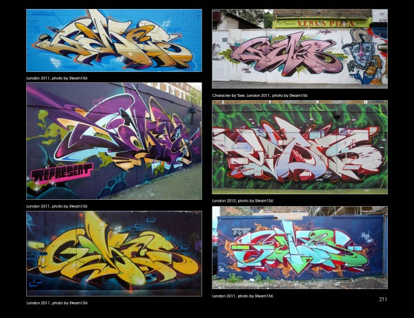 A collage of six vibrant UK street art murals, showcasing stylized lettering and bold outlines, featured in "100 UK Graffiti Artists" by Schiffer Publishing, Ltd., photographed in London between 2010 and 2011.