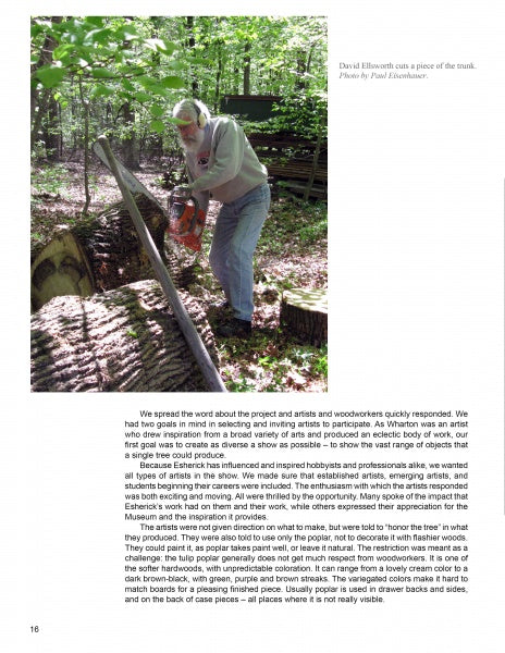 An older man cuts a large tree trunk with a chainsaw, sunlight filtering through greenery. His focus echoes the artistry celebrated in Schiffer Publishing, Ltd.'s "Poplar Culture," where functional sculpture thrives within nature's embrace.