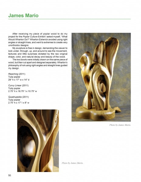 A magazine page showcases "Poplar Culture" by Schiffer Publishing, Ltd., featuring poplar wood art sculptures on a neutral background alongside a column of text about the artist's process and materials.
