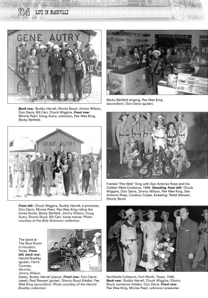 A black-and-white collage from Schiffer Publishing, Ltd.’s "Nashville Steeler" features vintage photos of country music icons and crowds at events like the Grand Ole Opry, with captions naming Gene Autry, Don Davis, Becky Benfield, and Frankie “Pee Wee” King.