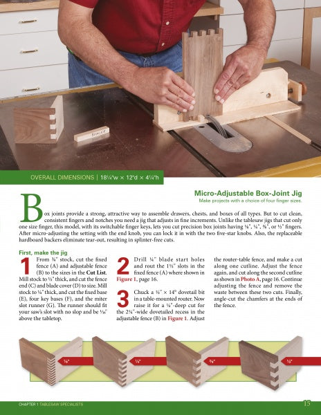 Home Workshop Jigs and Fixtures by Schiffer Publishing, Ltd. provides step-by-step guides with diagrams and measurements for making micro-adjustable woodworking jigs, including a table saw jig for evenly spaced box joints.