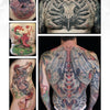 A collage from "The Modern Masters of Tattooing" by Schiffer Publishing, Ltd. features five bold designs: a fetus in a heart, bird skull chest piece, green and red dragon, biomechanical fetus, and a full back biomech on a man—inspiring for any tattoo book.