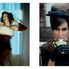 On the left, Schiffer Publishing, Ltd.'s "Chocolate Cheesecake" features a stylish pin-up in vintage black attire with a fur stole. On the right, she sports a bow, sips elegantly in gloves with milk on her lips—classic retro glamour.