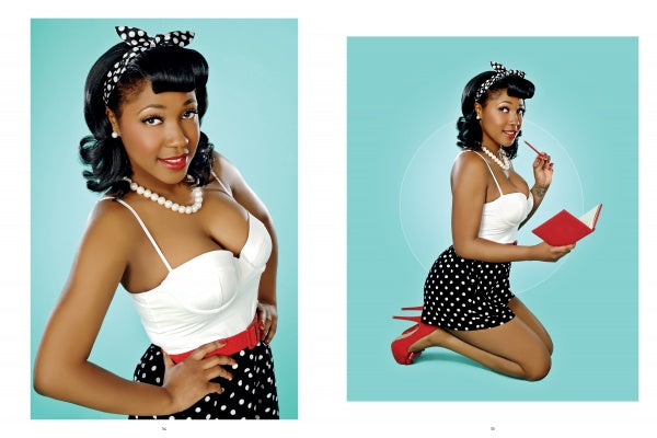 A retro-styled black pin-up beauty poses with Schiffer Publishing, Ltd.'s Chocolate Cheesecake against a turquoise backdrop, dressed in a white top, polka dot skirt, red accessories, pearl jewelry, and a polka dot headband.