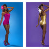 A black pin-up beauty models two vintage swimsuits in “Chocolate Cheesecake” by Schiffer Publishing, Ltd.—on the left, a pink one-piece with heels and pink flower; on the right, a gold swimsuit with a white flower—ideal for modern pin-up fans.