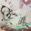 Surreal artwork from Street Art Santiago Chile by Schiffer Publishing, Ltd., shows two distorted humanoid figures—one with a map-face, the other with exaggerated hands—and a list of text items on the left, inspired by Santiago street art.