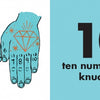 An illustration from "Two Long Ears" by Schiffer Publishing, Ltd.: two blue hands with numbers 1–10 on the knuckles, a smiling face on the left palm, a diamond on the right. Ideal for kids' books celebrating differences and body art. Text: 10 ten numbers on knuckles.