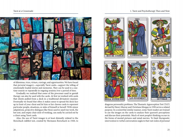 On the left page of "Tarot at a Crossroads" by Schiffer Publishing, Ltd., a tarot collage appears, while the right page features six vibrant French-titled cards and text on therapeutic tarot in representational readings.