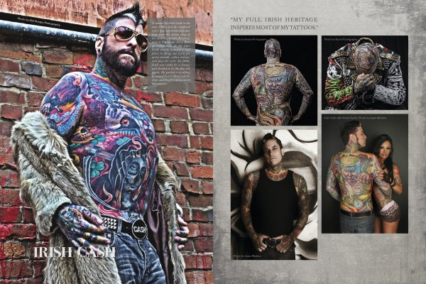 A heavily tattooed man in sunglasses and a fur coat poses against a brick wall. On the right, four images from Ink ’N Guys by Schiffer Publishing, Ltd. display detailed tattoo photography with striking back, arm, and chest art. Text overlays the images.