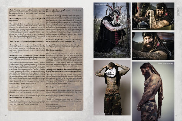 A magazine spread from Ink ’N Guys by Schiffer Publishing, Ltd. shows an interview on the left and five photos of male tattoo models on the right, capturing striking tattoo photography and the models’ beards.