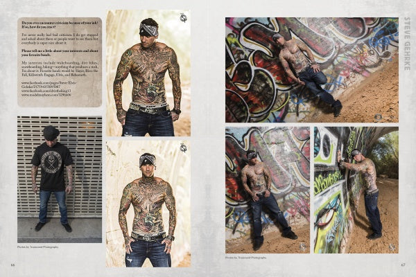 A magazine spread from Schiffer Publishing, Ltd.'s "Ink ’N Guys" features a heavily tattooed male model in four poses against graffiti walls, with four photos and a text block on the left showcasing male tattoo models.
