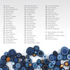 A list of names and numbers in four columns appears above abstract blue, black, and yellow circular shapes, evoking fiber art or bacterial colonies, on a white background. Product: Artistry in Fiber, Vol. 2 by Schiffer Publishing, Ltd.