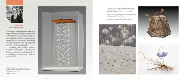 A magazine spread in "Artistry in Fiber, Vol. 2" by Schiffer Publishing, Ltd. features a contemporary artist’s photo, bio, and artworks such as a suspended white sculpture, rustic teapot, delicate white installations, and a dried branch with blue flowers.
