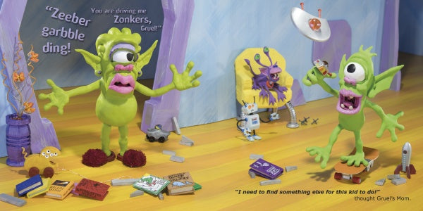 In "Gruel Snarl Draws a Wild Zugthing" from Schiffer Publishing, Ltd., two green, one-eyed clay aliens stand in a cluttered room; one shouts holding a flying saucer, the other appears frustrated as a small purple alien sits behind.