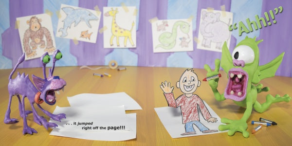 A startled purple cat and a green monster watch a boy leap from the page, with animal sketches in the background—like an imaginative scene from "Gruel Snarl Draws a Wild Zugthing" by Schiffer Publishing, Ltd.