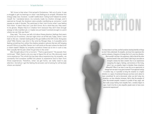 A blurred, grayscale, full-body silhouette of a person with energy sensitivity appears beside the large text “CHANGING YOUR PERCEPTION.” On the left, two columns of text evoke a book layout for The Empathic Ghost Hunter by Schiffer Publishing, Ltd.