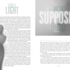 A magazine spread for Schiffer Publishing, Ltd.'s "The Empathic Ghost Hunter" features a blurred, faceless figure on the left, with headings BEING A LIGHT and WE’RE SUPPOSED TO HELP in large, semi-transparent text and columns of smaller text.