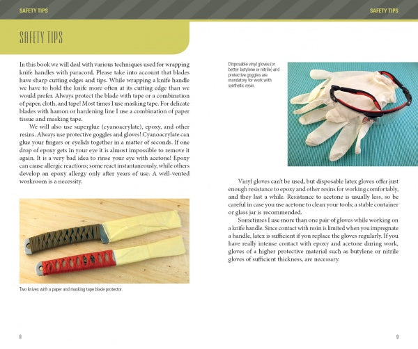 A page from Schiffer Publishing, Ltd.'s "Paracord Knife Handle Wraps" shows safety tips with photos of two wrapped survival knives and gloves, offering advice on blades, adhesives, and glove use. Layout features green and yellow on a light background.