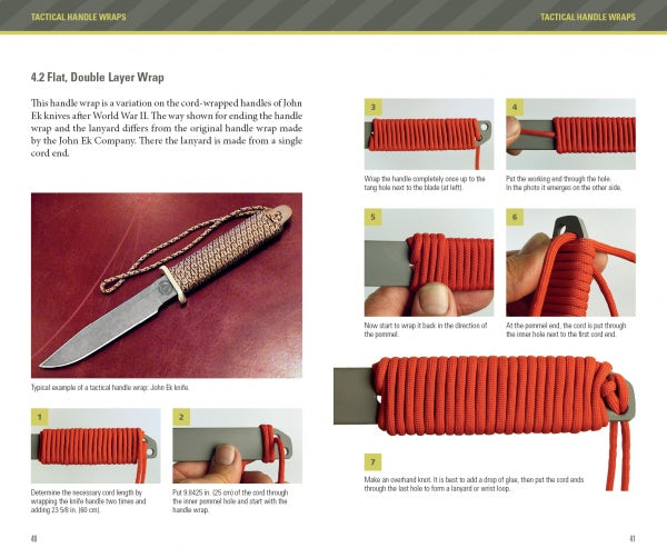 Schiffer Publishing, Ltd.’s Paracord Knife Handle Wraps guide shows step-by-step photos and instructions for making double-layer flat-style wraps on fixed-blade knives—ideal for tactical knives, with clear images and text on a white background.