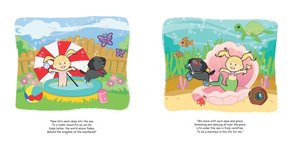 In "A Day in the Life of Peanut & Bosco" by Schiffer Publishing, Ltd., a girl with pigtails and her black puppy enjoy backyard fun in a kiddie pool, beach ball, and umbrella, turning playtime into an imaginative underwater seashell adventure.