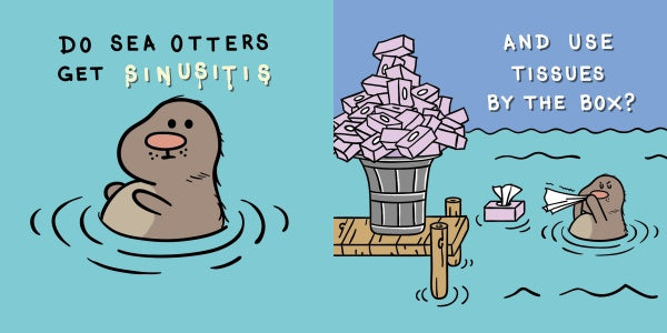 Cartoon from "Do Penguins Have Pediatricians?" by Schiffer Publishing, Ltd.: A sea otter wonders, "Do sea otters get sinusitis?" Next panel: Otter on a dock using tissue boxes, blowing its nose.