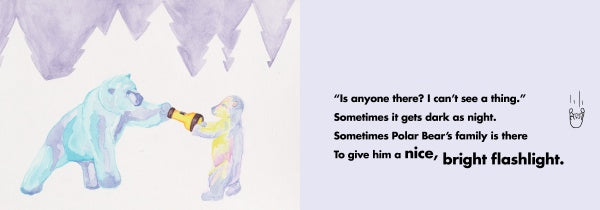 In "Bipolar Bear" by Schiffer Publishing, Ltd., a blue bear gives a yellow flashlight to a smaller tan bear. Against purple trees, the story highlights why having a bright flashlight matters when it gets dark.