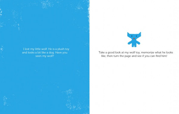 A blue page with text about a missing plush wolf from "Where Is My Stuffed Animal?" by Schiffer Publishing, Ltd. sits next to a white page featuring a simple blue cartoon wolf and instructions for kids to memorize him for the book's adventure.