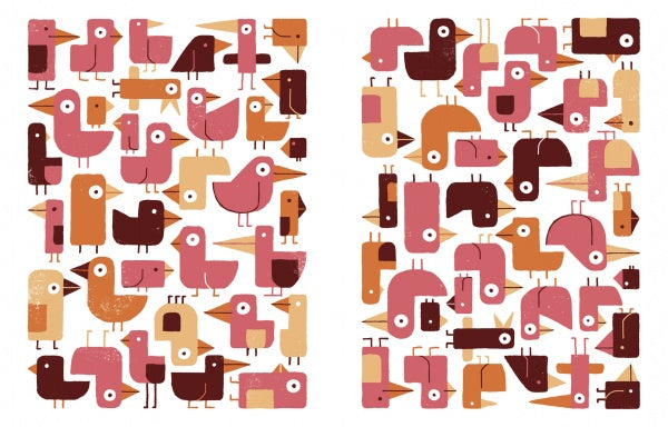 Two groups of simple, cartoon birds in brown, pink, orange, and beige—resembling characters from Schiffer Publishing's "Where Is My Stuffed Animal?"—face different ways; the left group is more spread out and the right is more compact.